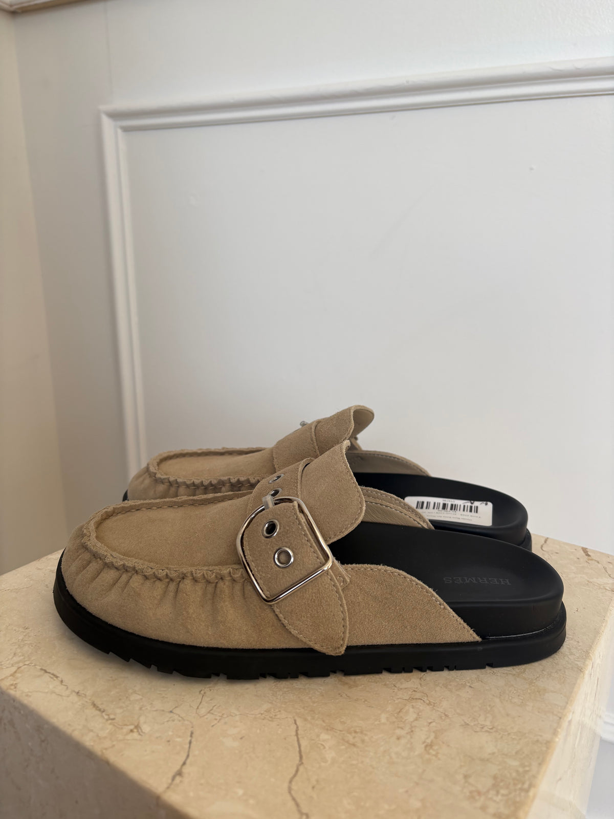 Hermès Beige Suede Key Mules, 38