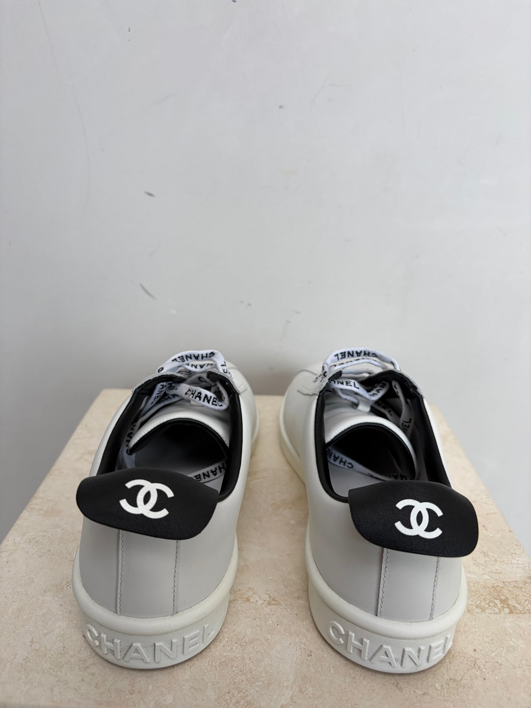 Chanel Uniform White Leather Logo Sneakers, 38.5