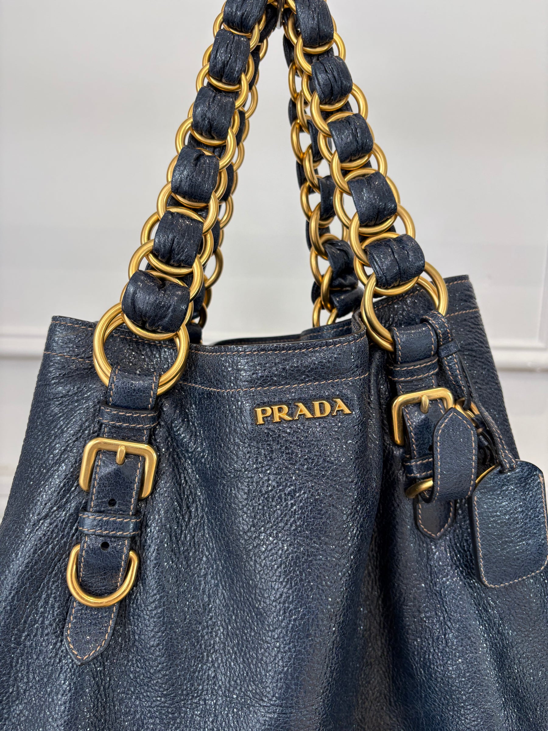 Prada Navy Craquele Cervo Lux Chain Tote Bag