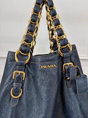 Prada Navy Craquele Cervo Lux Chain Tote Bag
