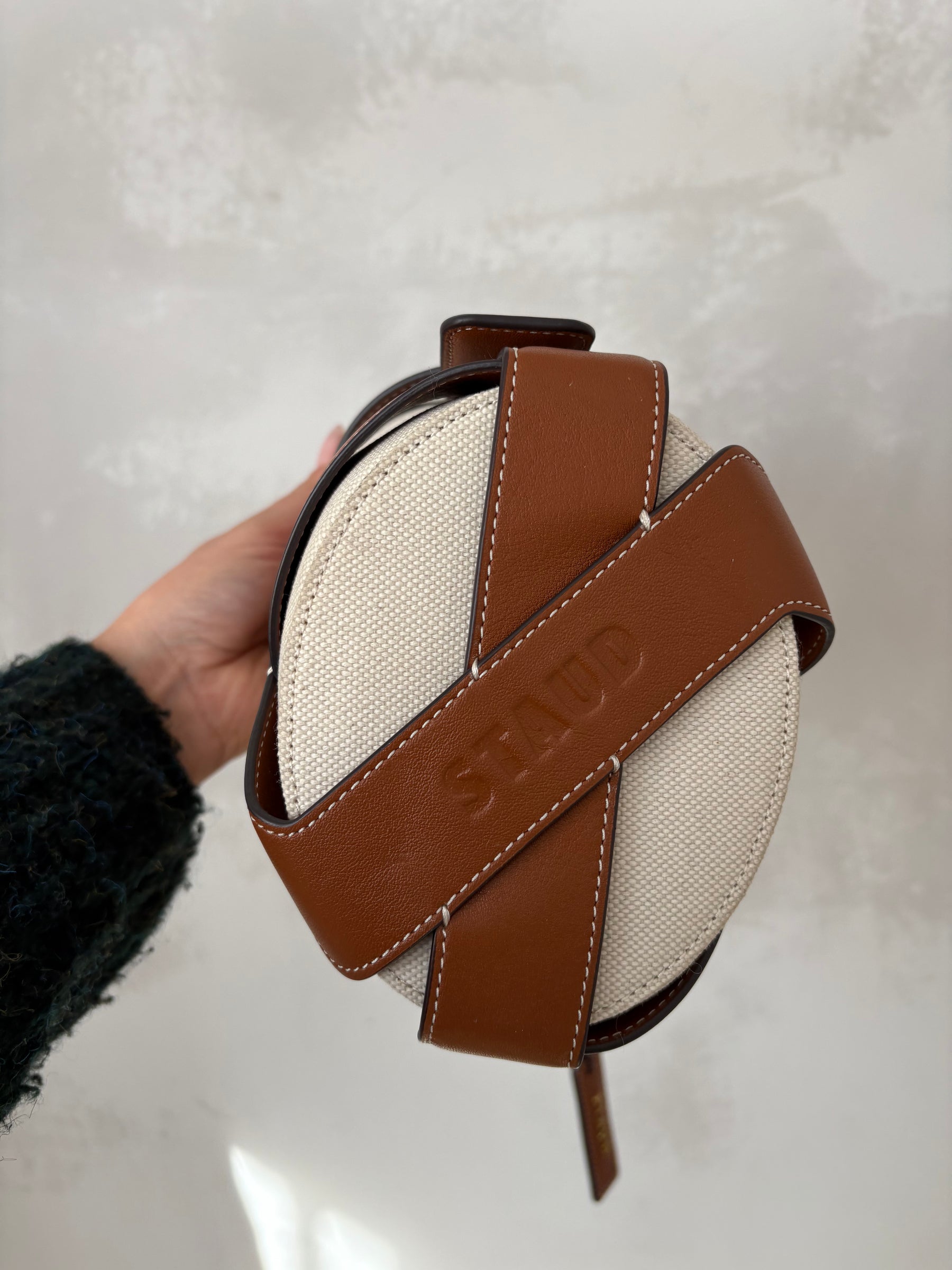 STAUD Tan Leather and Canvas Bucket Bag