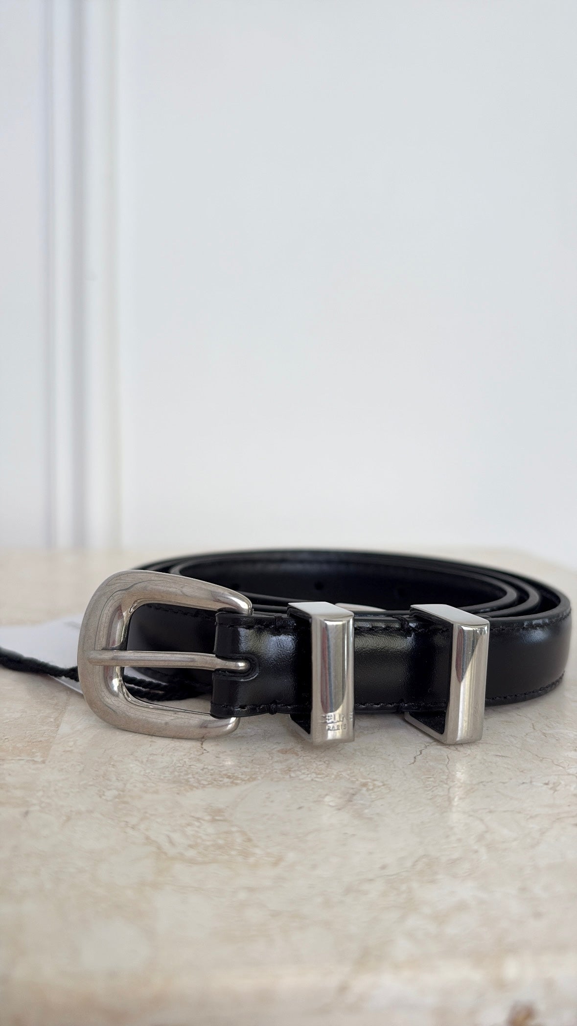 Celine Black Leather Silver Buckle Western Belt, 75