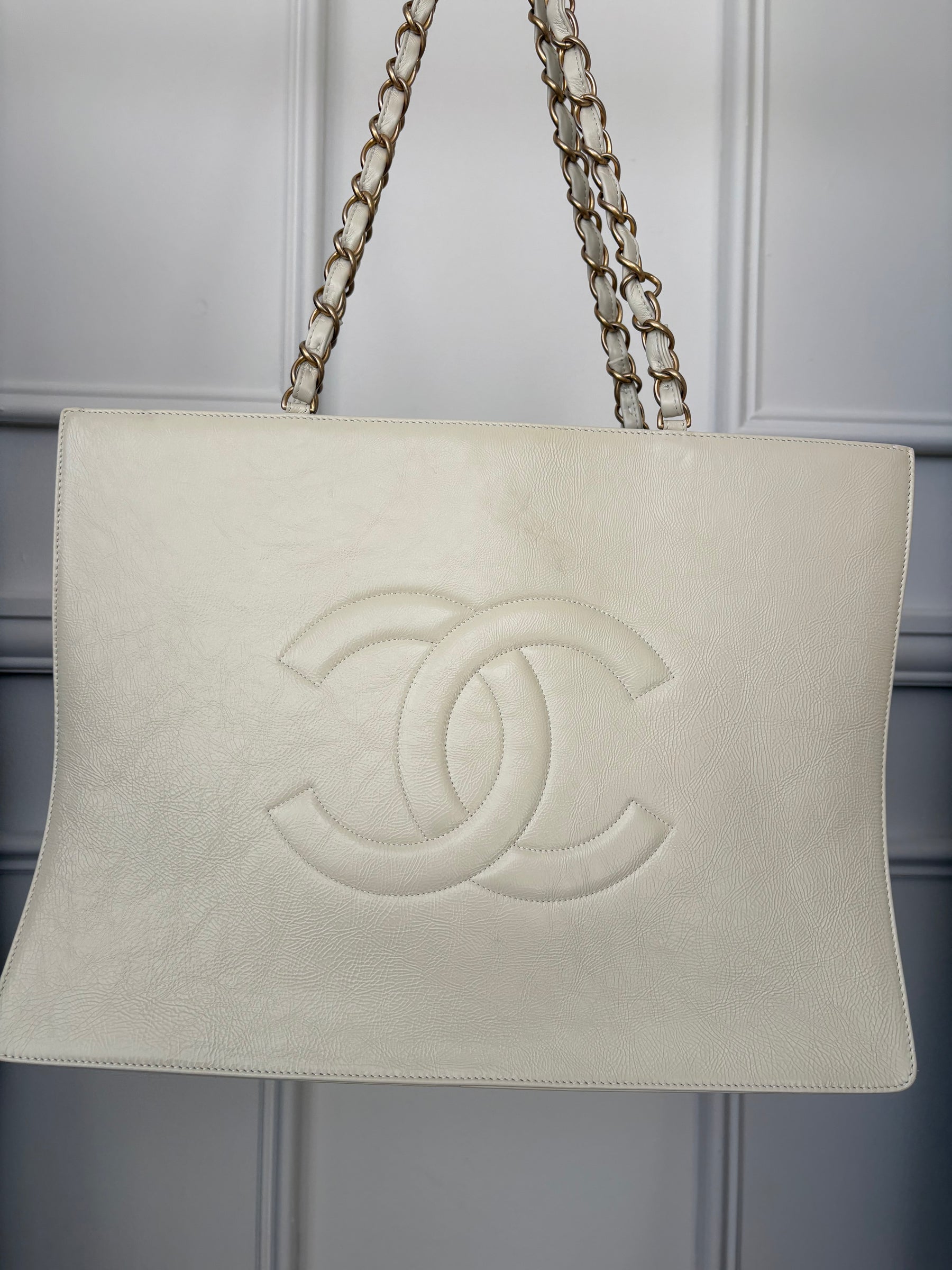 Chanel Cream Logo Shopper Chain Tote