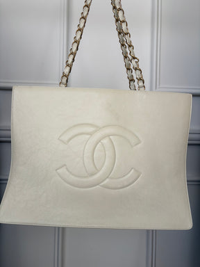 Chanel Cream Logo Shopper Chain Tote