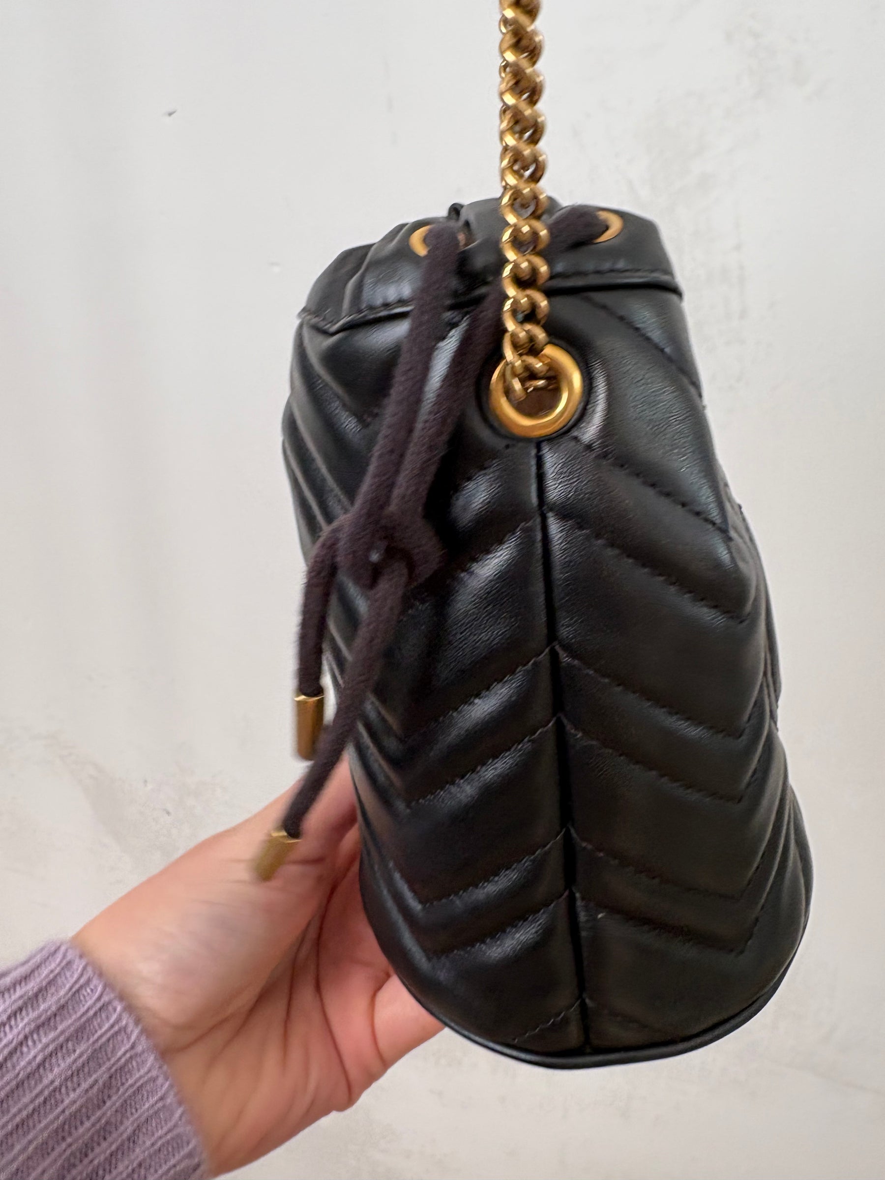 Gucci Black Chevron Leather Mini Marmont Bucket