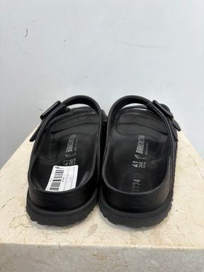 Birkenstock 1774 Black Leather and Navy Raffia Slides, 41