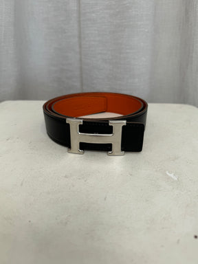 Hermès Black and Orange Leather Reversible H Buckle Belt in Silver, 90cm