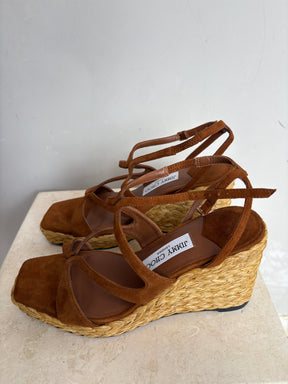 Jimmy Choo Suede Raffia Wedge Sandals Tan, 38.5