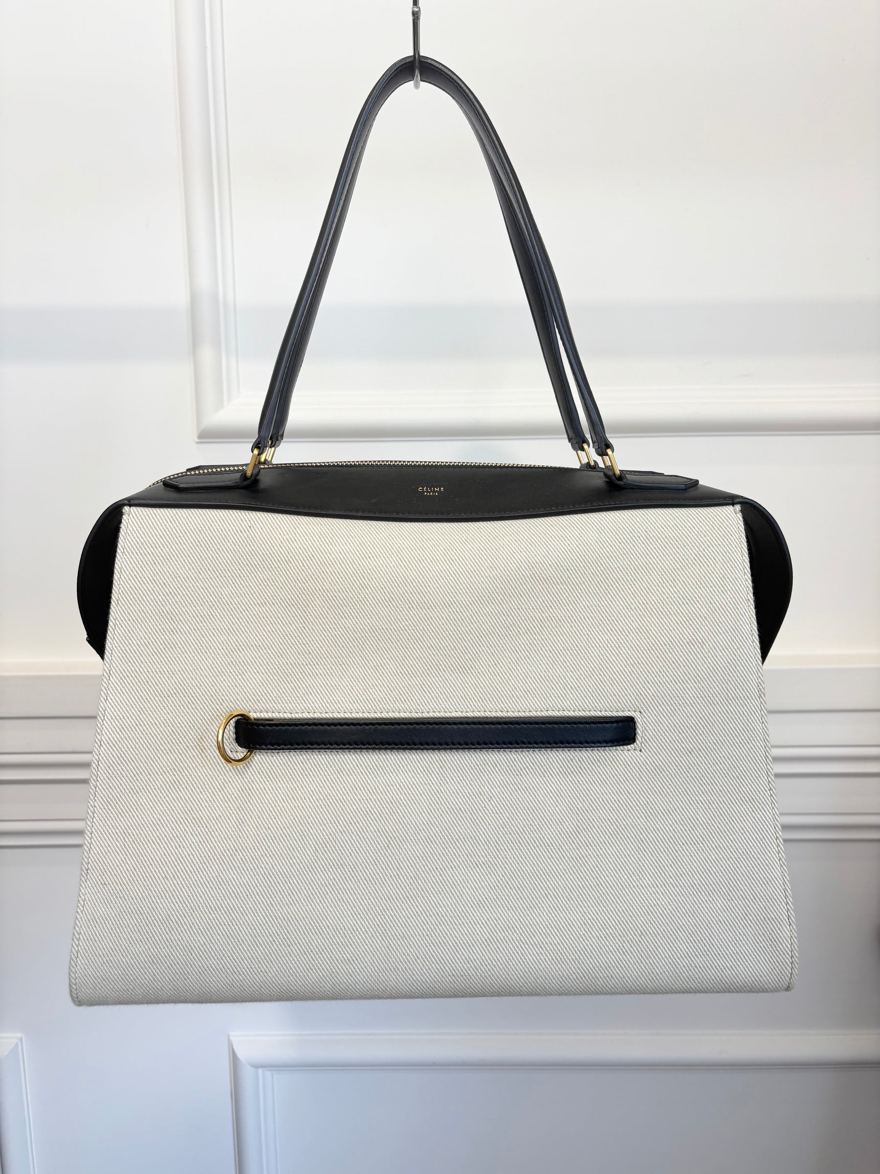 Celine Natural and Black Leather Ring Top Handle Bag