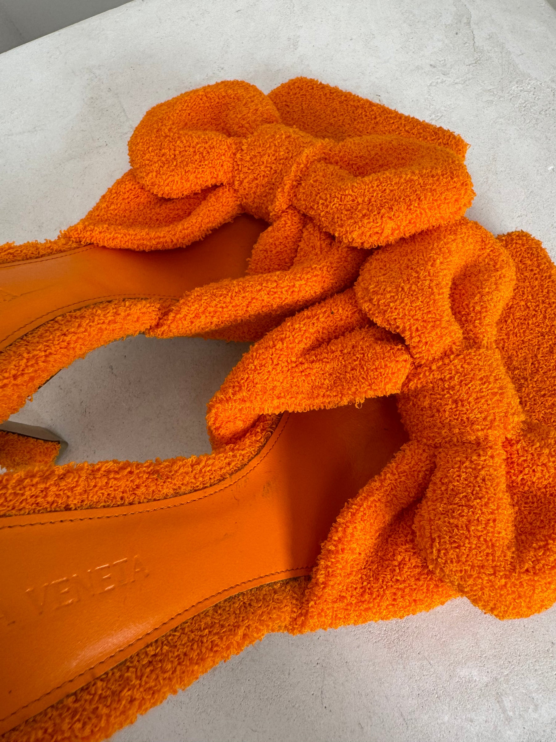 Bottega Veneta Orange Terry Cloth Bow Mules, 38