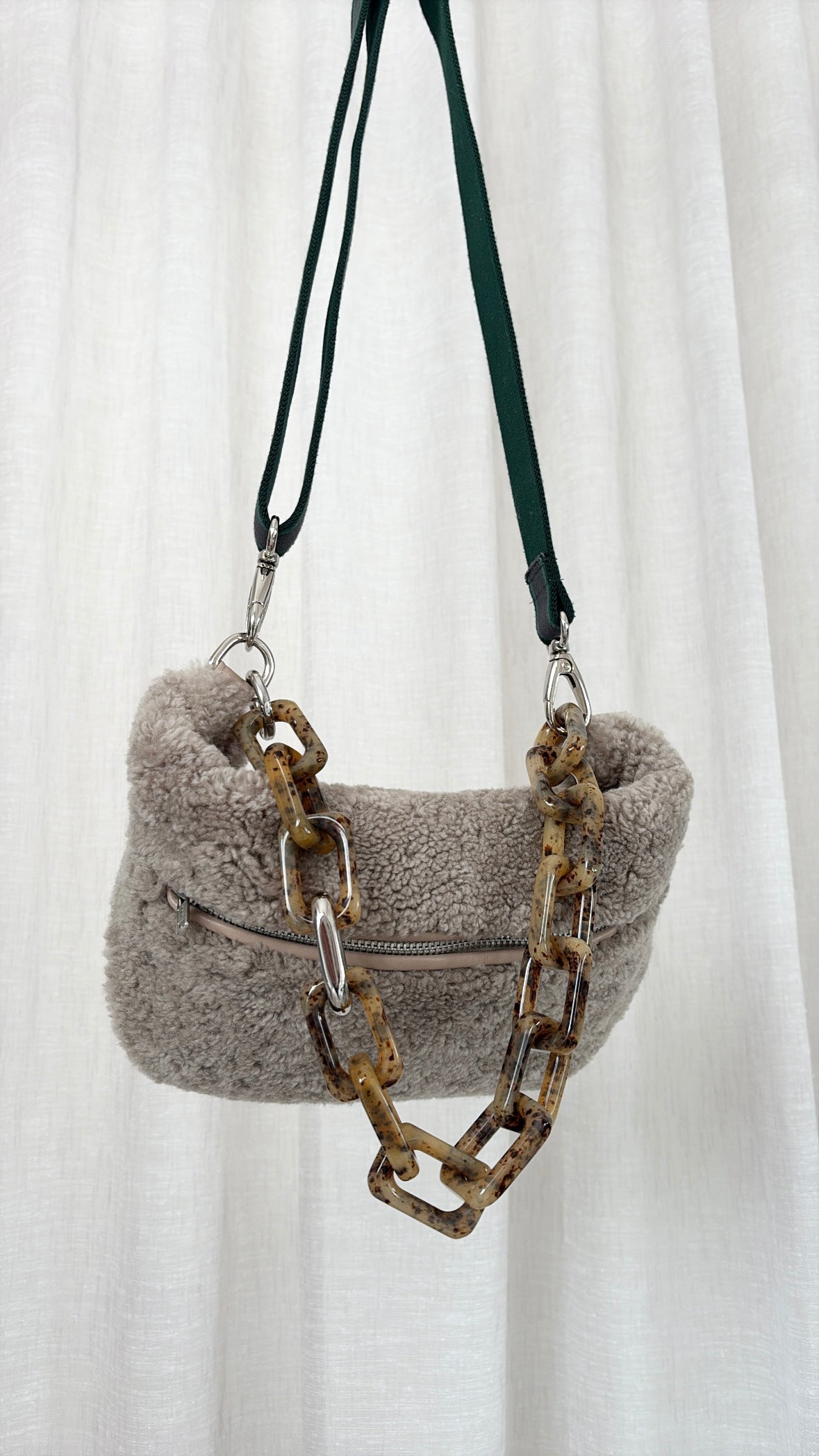 Gabriella Frantzer Cozy Belt bag In dust Aloe Square chain Honey