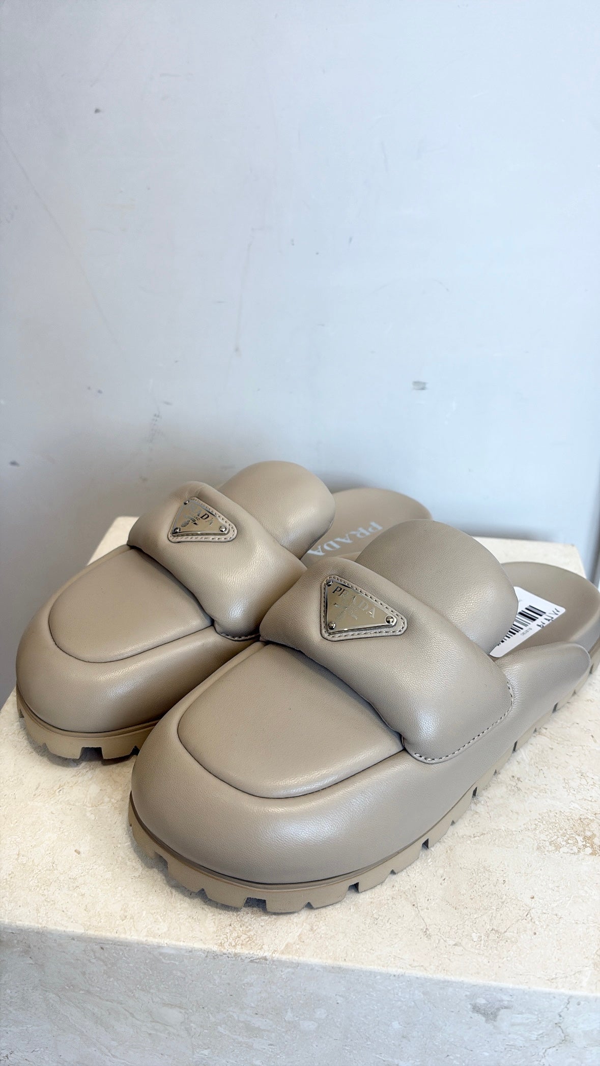 Prada Beige Padded Leather Logo Mules, 38