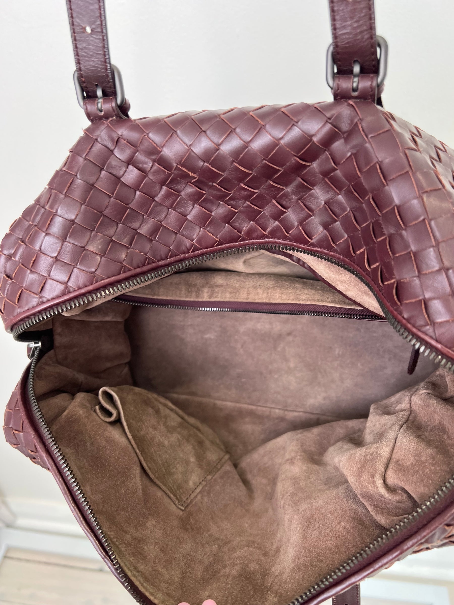Bottega Veneta Burgundy Intrecciato Leather Bowling Bag