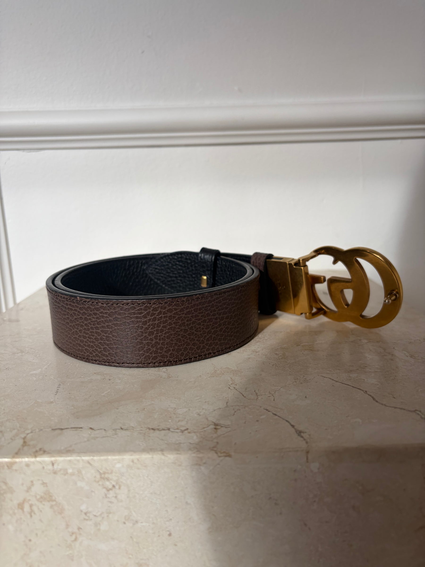 Gucci Black and Brown Reversible Leather Marmont Belt, 80