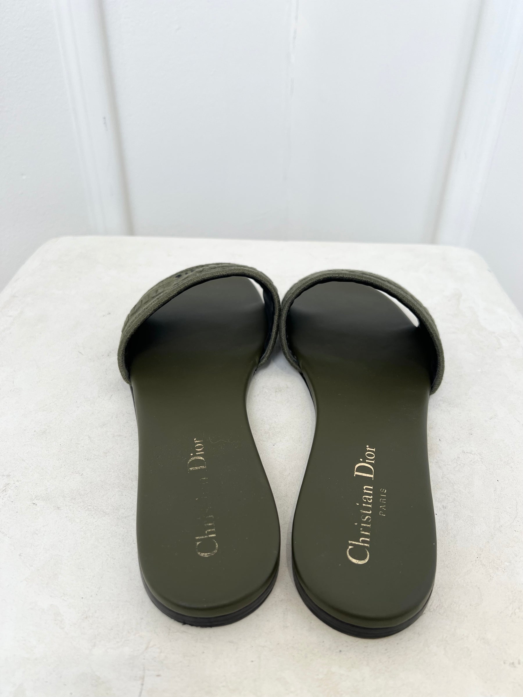Christian Dior Khaki Embroidered D Way Slides, 39