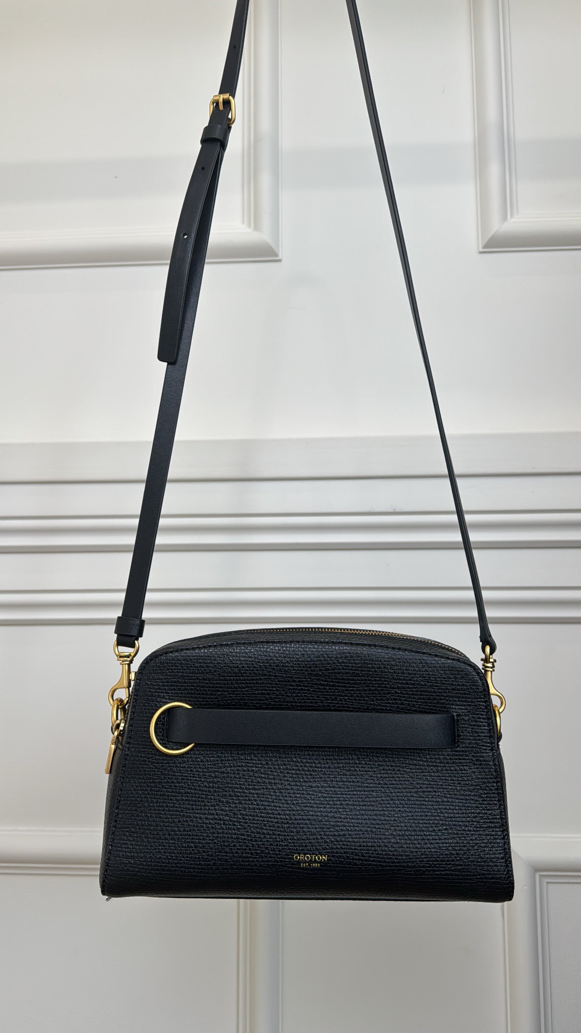Oroton Black Leather Double Pocket Crossbody Bag