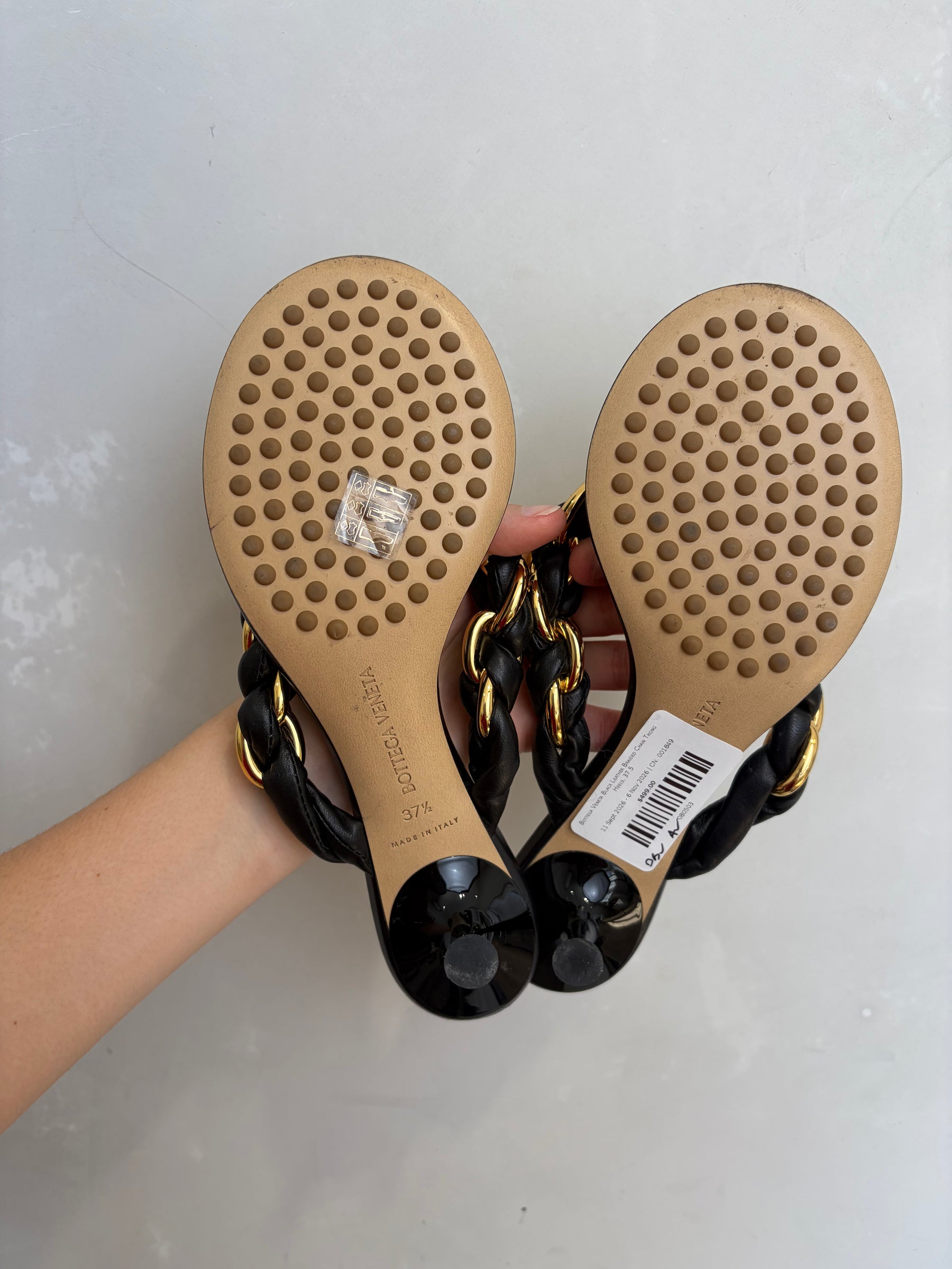 Bottega Veneta Black Leather Braided Chain Thong Heels, 37.5