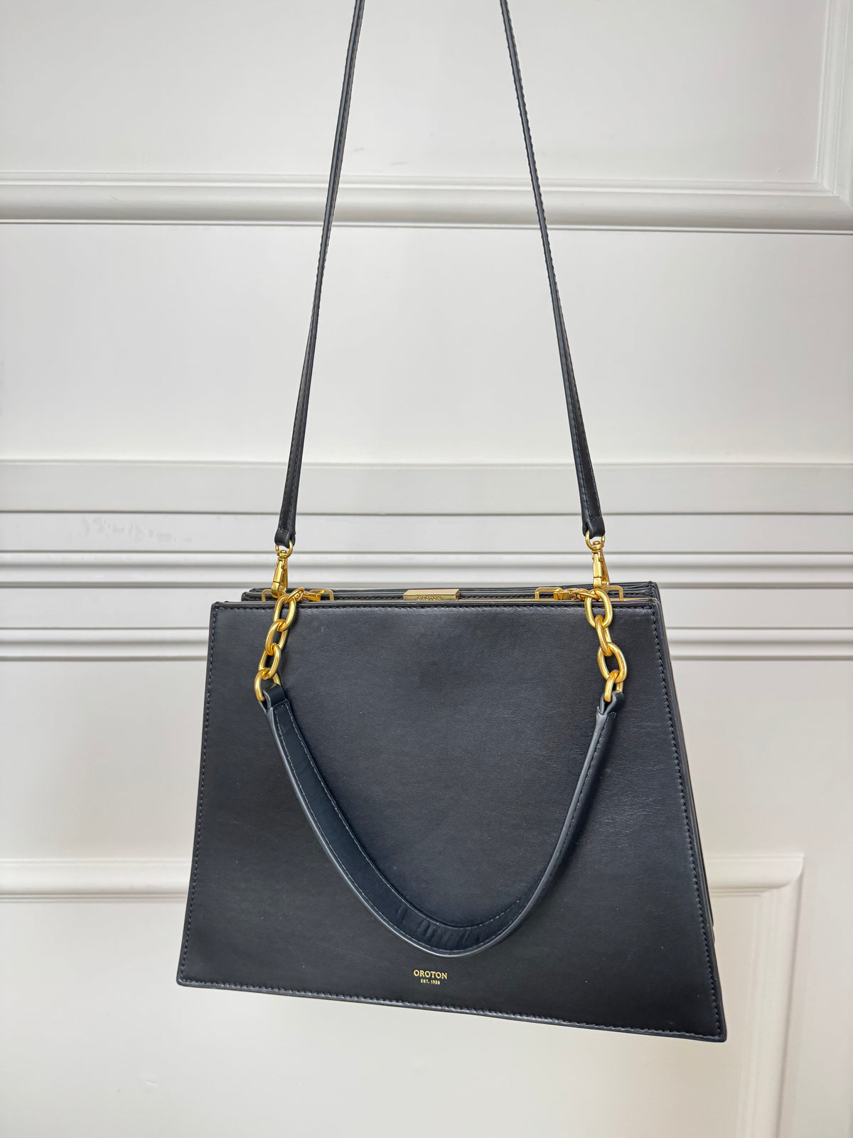 Oroton Black Leather Top Handle Gold Frame Shoulder Bag