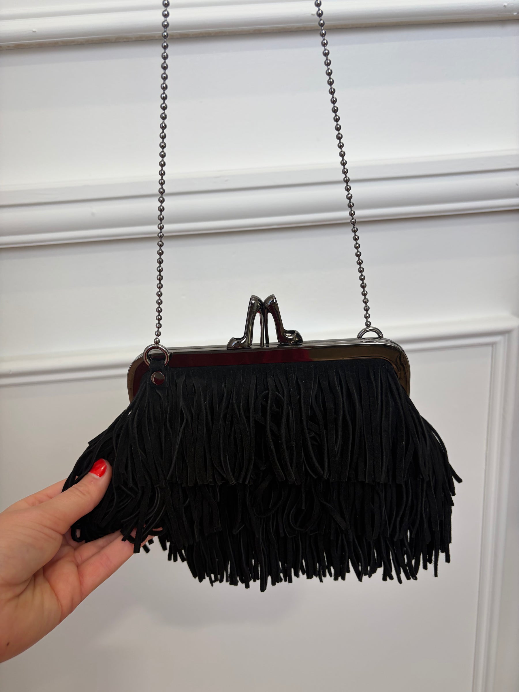 Christian Louboutin Black Suede Fringed Mini Crossbody Kisslock Pouch