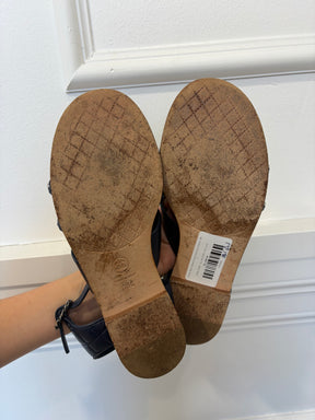 Chanel Navy Leather Silver Chain Logo Sandals, 39 C