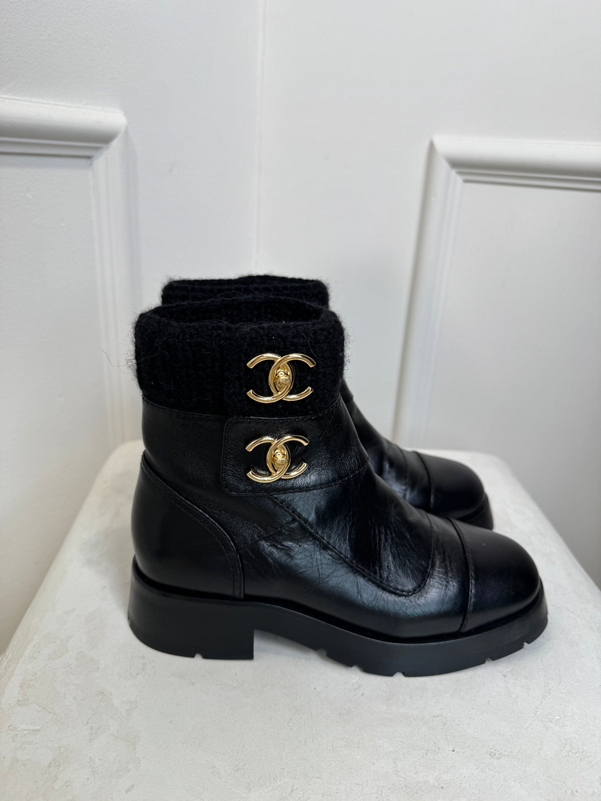 Chanel Black Leather CC Turnlock Ankle Boots, 37C