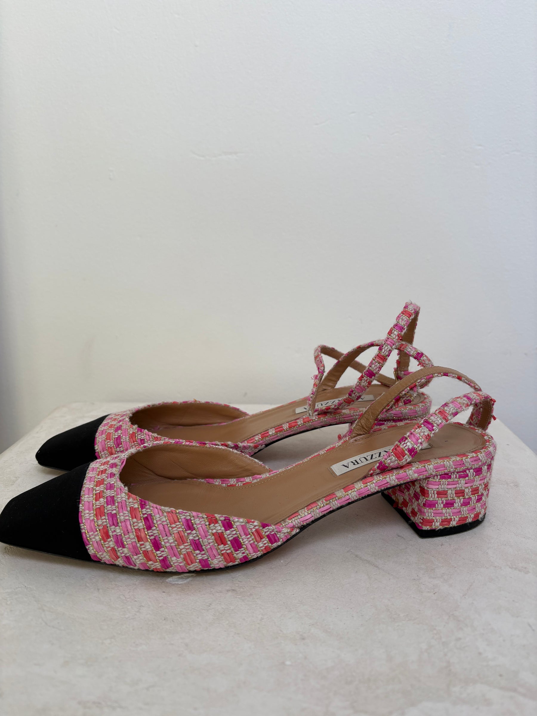 Aquazzura Pink Raffia Tweed Slingbacks, 41