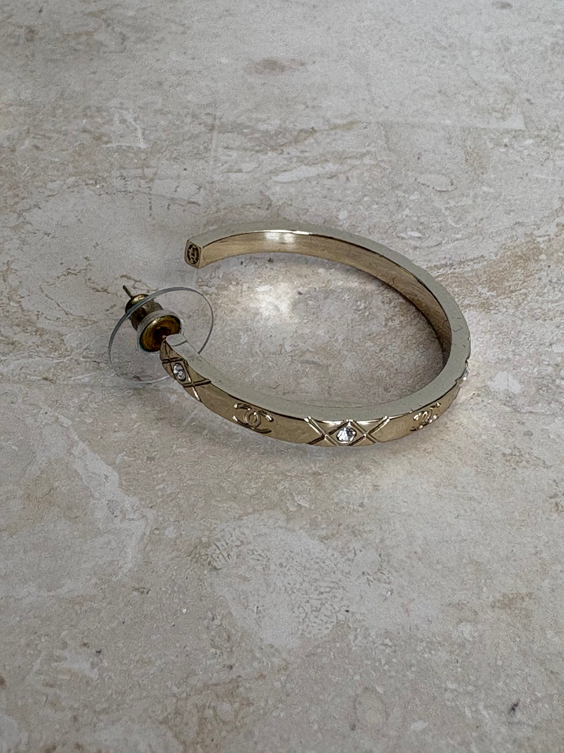 Chanel Gold Tone Crystal Logo Hoop Earrings