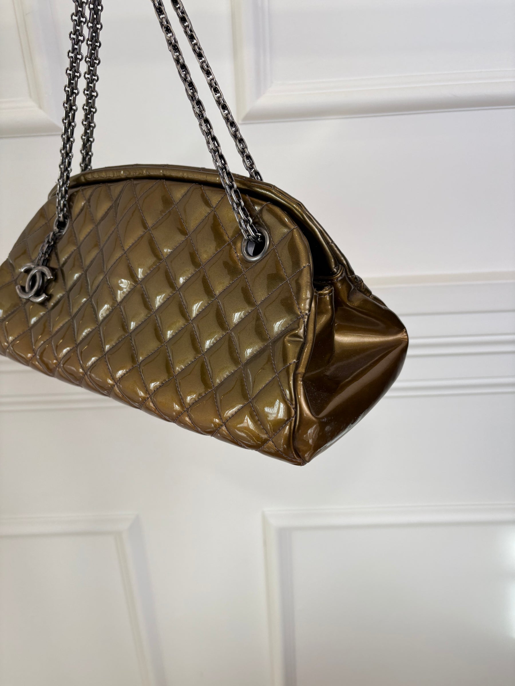 Chanel Khaki Bronze Patent Mademoiselle Bowling Bag