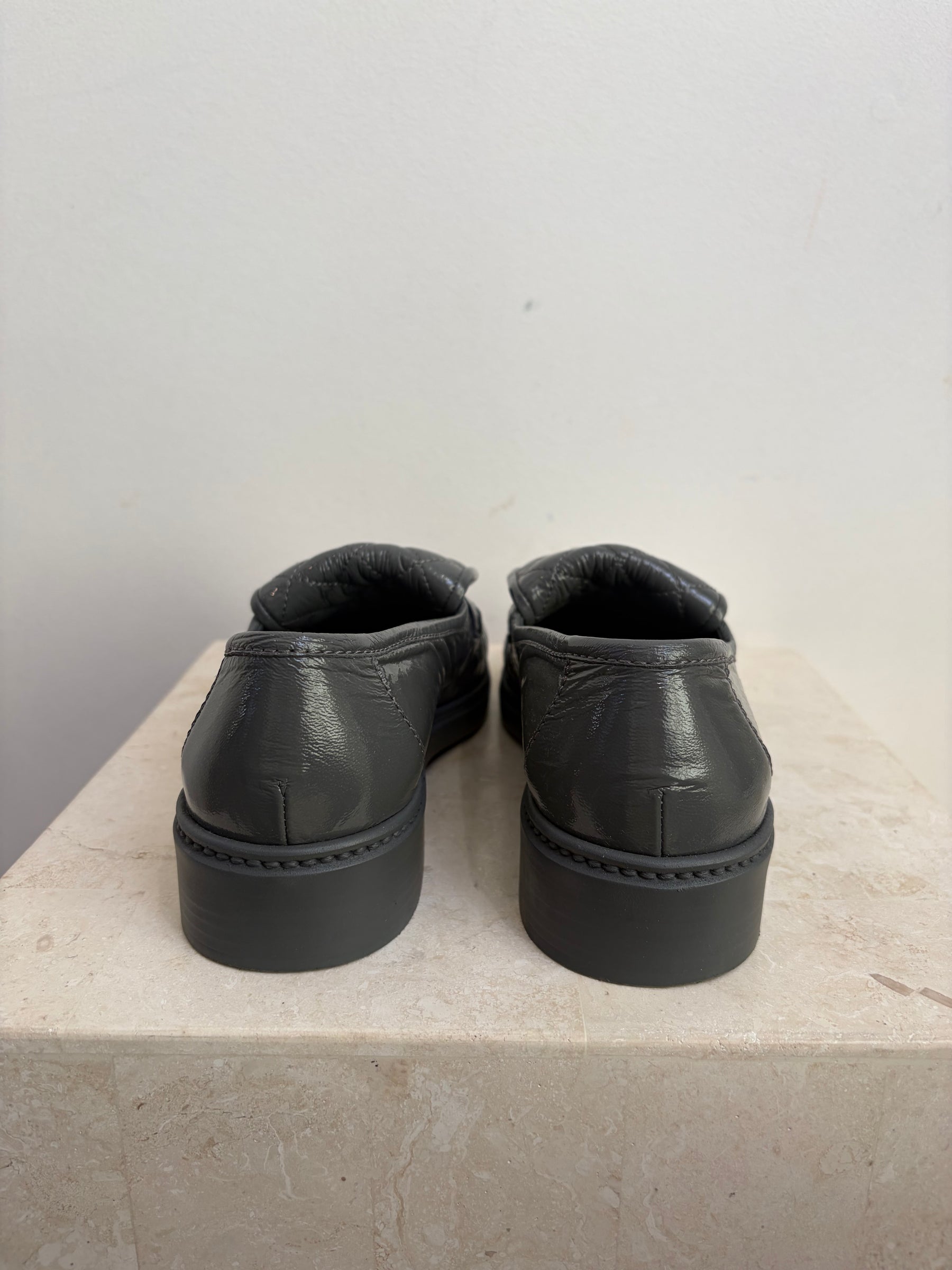 Chanel Grey Patent Leather Turn Lock Loafers, 38.5C