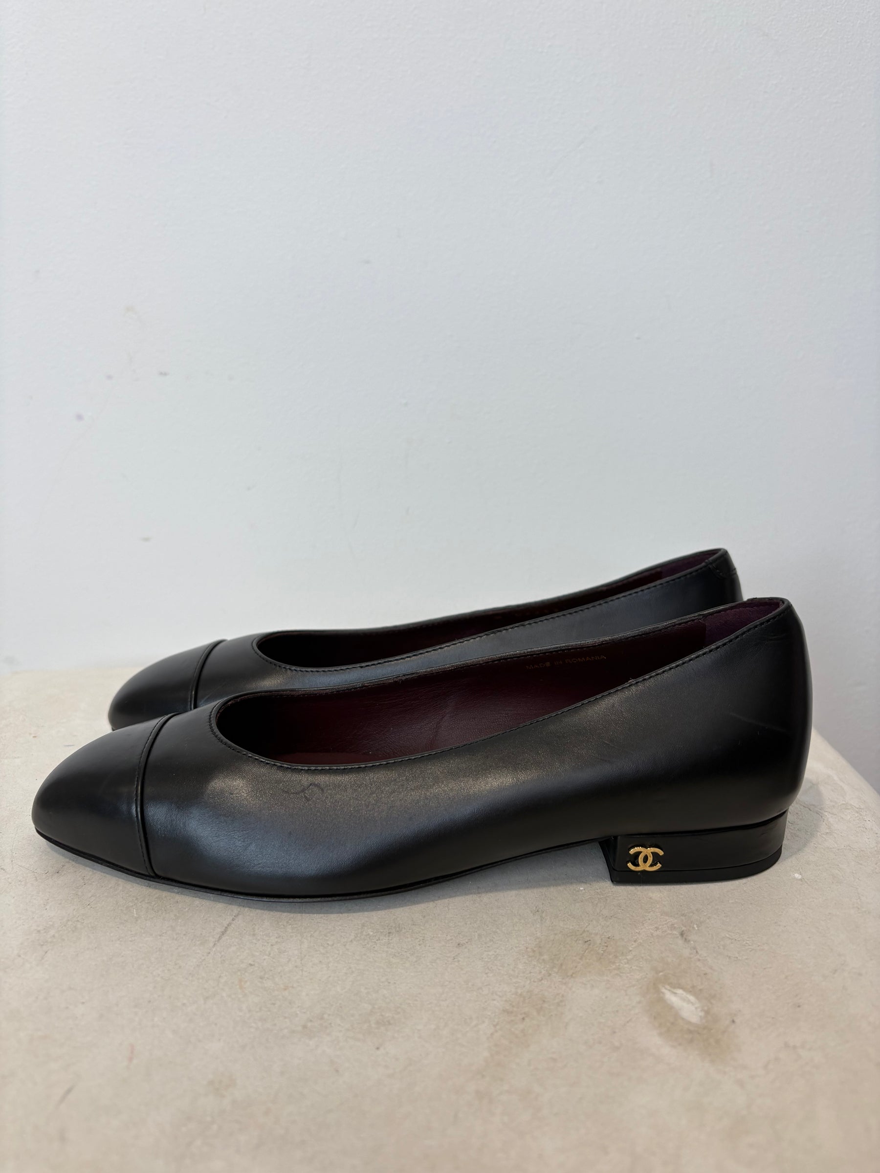 Chanel Uniform Black Leather Flats, 36