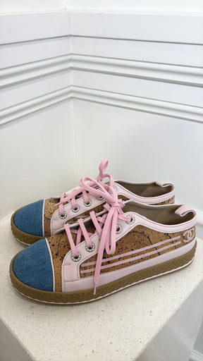 Chanel Cork Denim And Pink Leather Lace Up Flats, 39.5