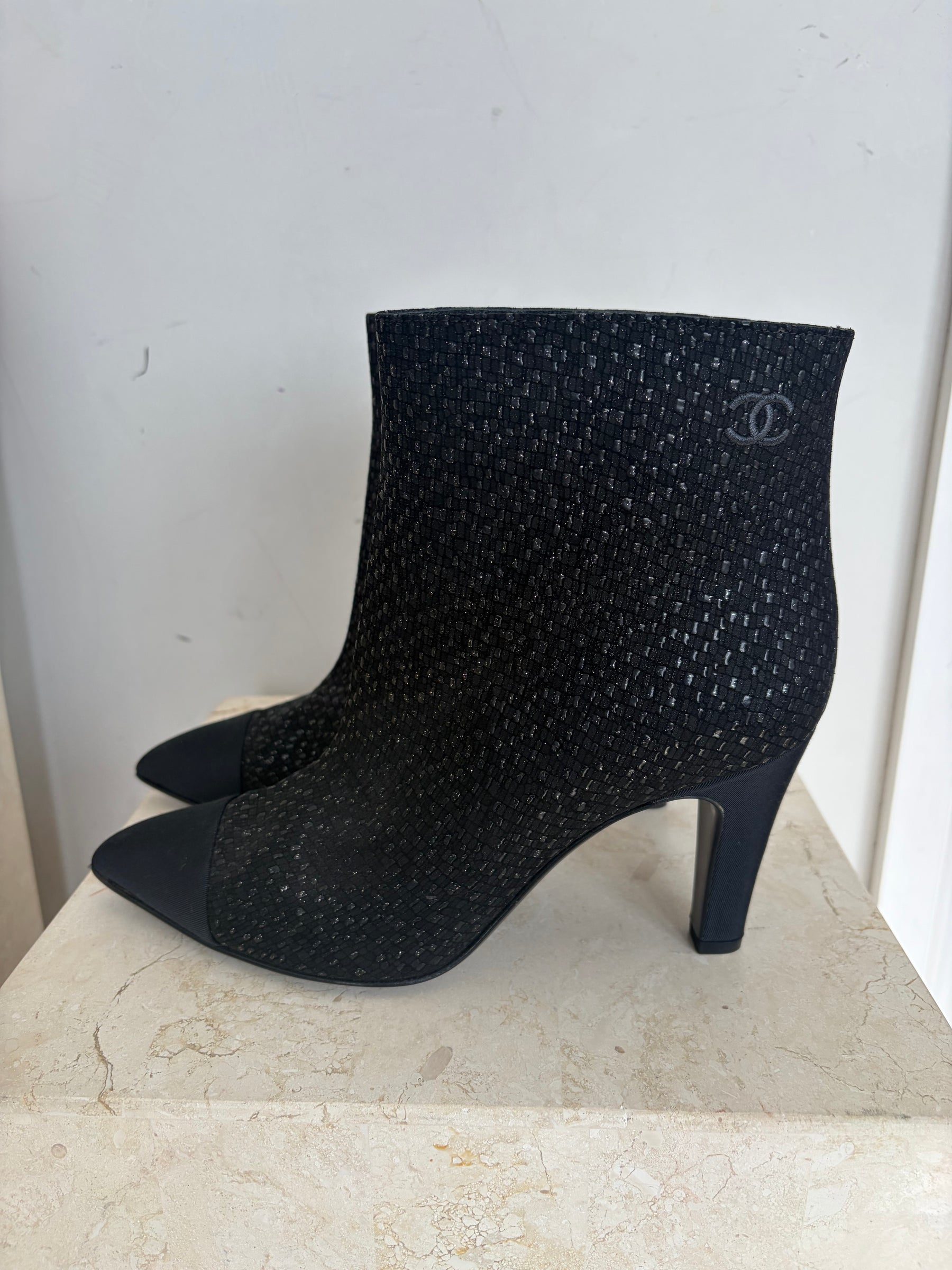 Chanel Black Textured Fabric Pointed Ankle Boot, 39.5 C