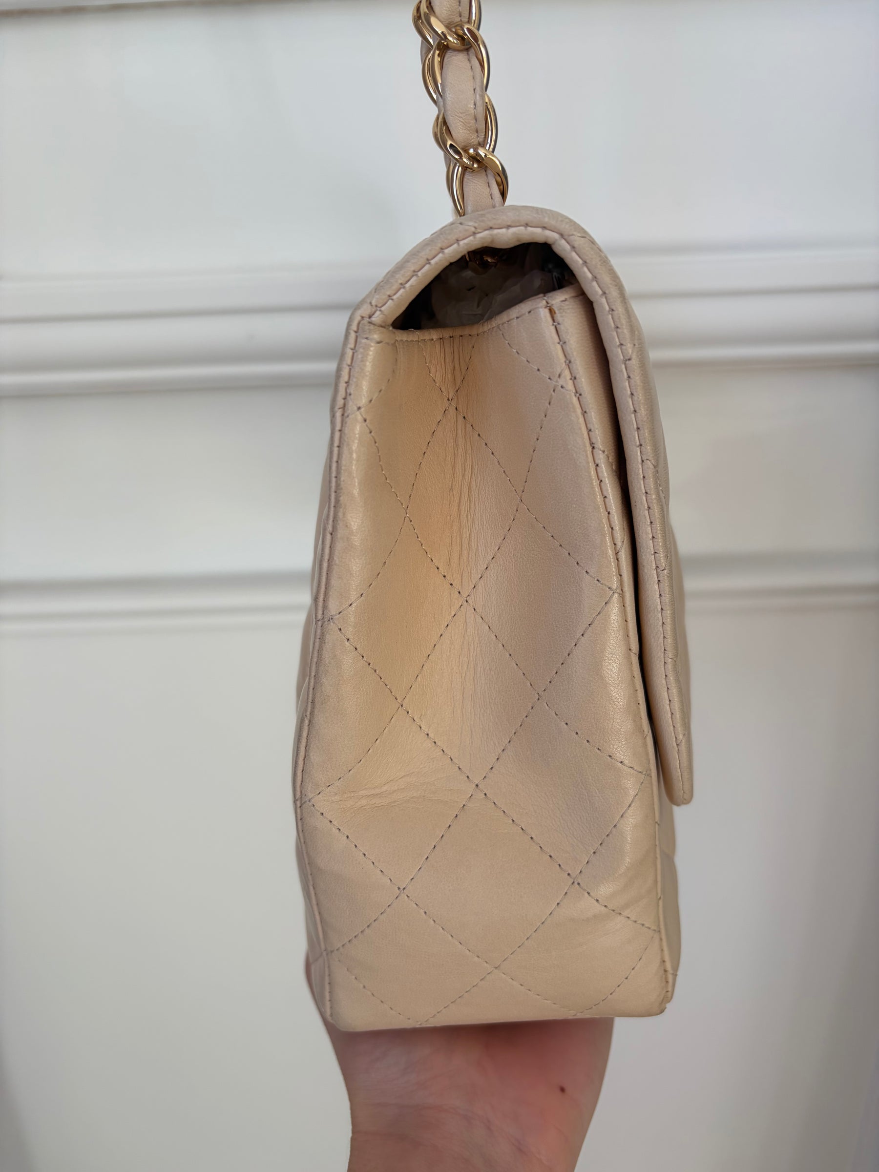 Chanel Beige Lambskin Leather Jumbo Single Flap