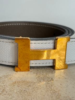 Hermès Mini Constance Blanc and Etoupe Reversible Gold H Belt 24mm, 85