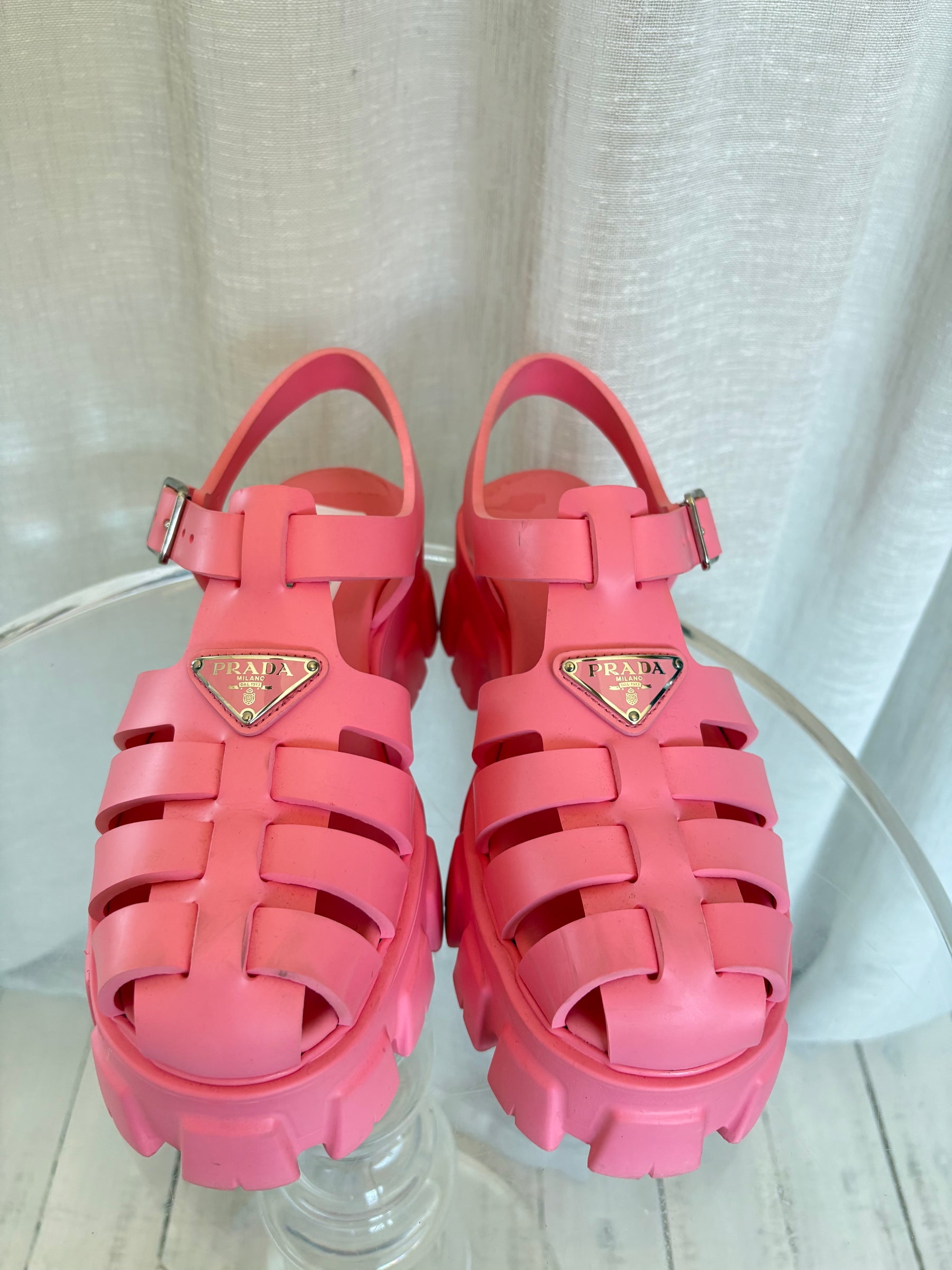 Prada Pink Rubber Platform Gladiator Sandal, 39