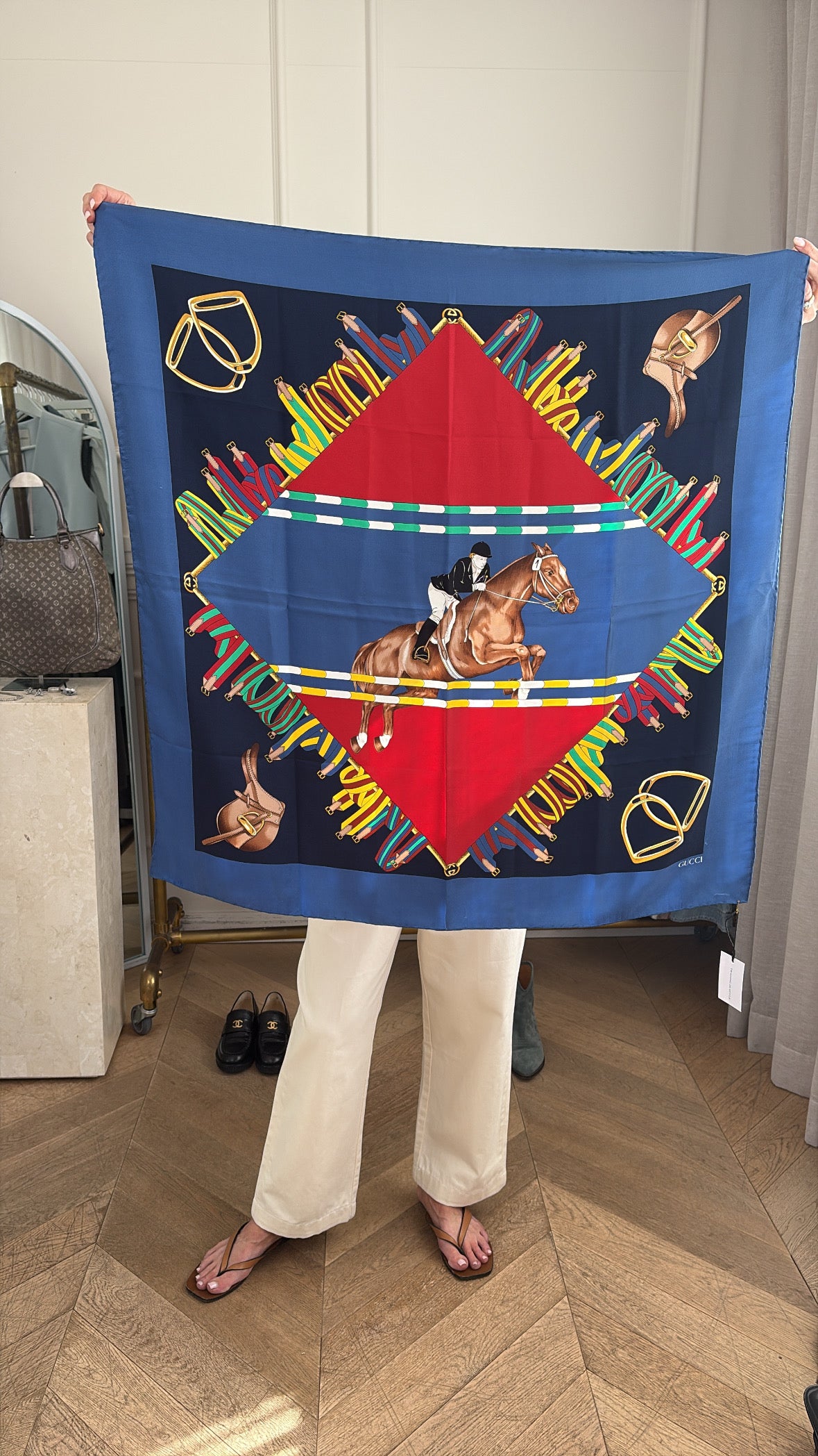 Gucci Navy and Red Equestrian Silk Scarf 90