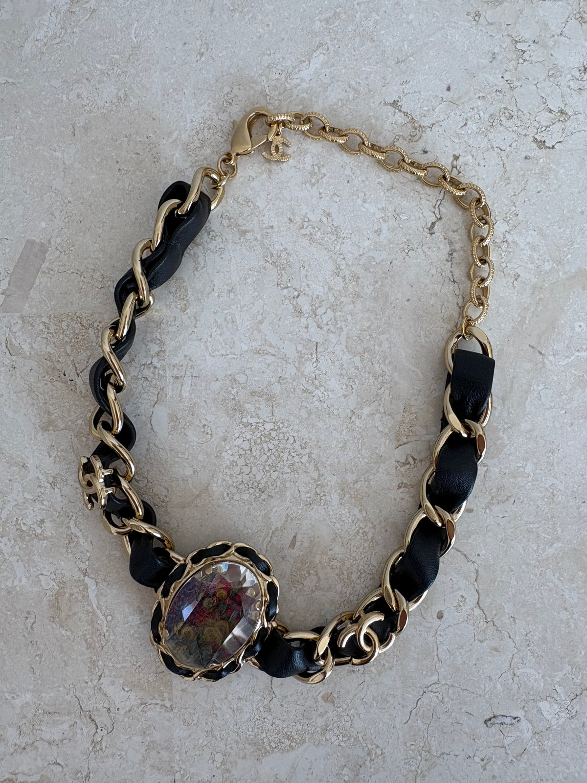 Chanel Black Woven Leather Chain Crystal Tweed Choker