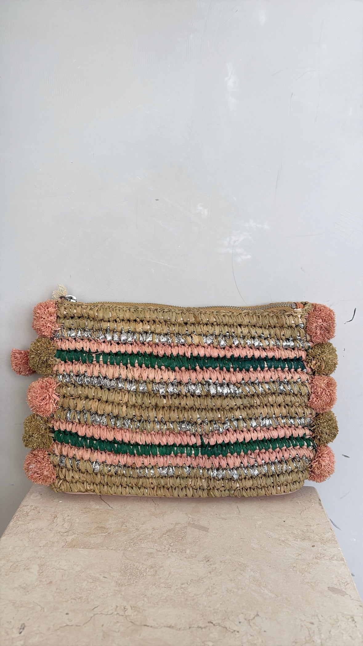 LOEFFLER RANDALL Raffia Clutch With Pom Poms