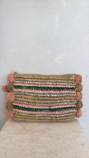 LOEFFLER RANDALL Raffia Clutch With Pom Poms