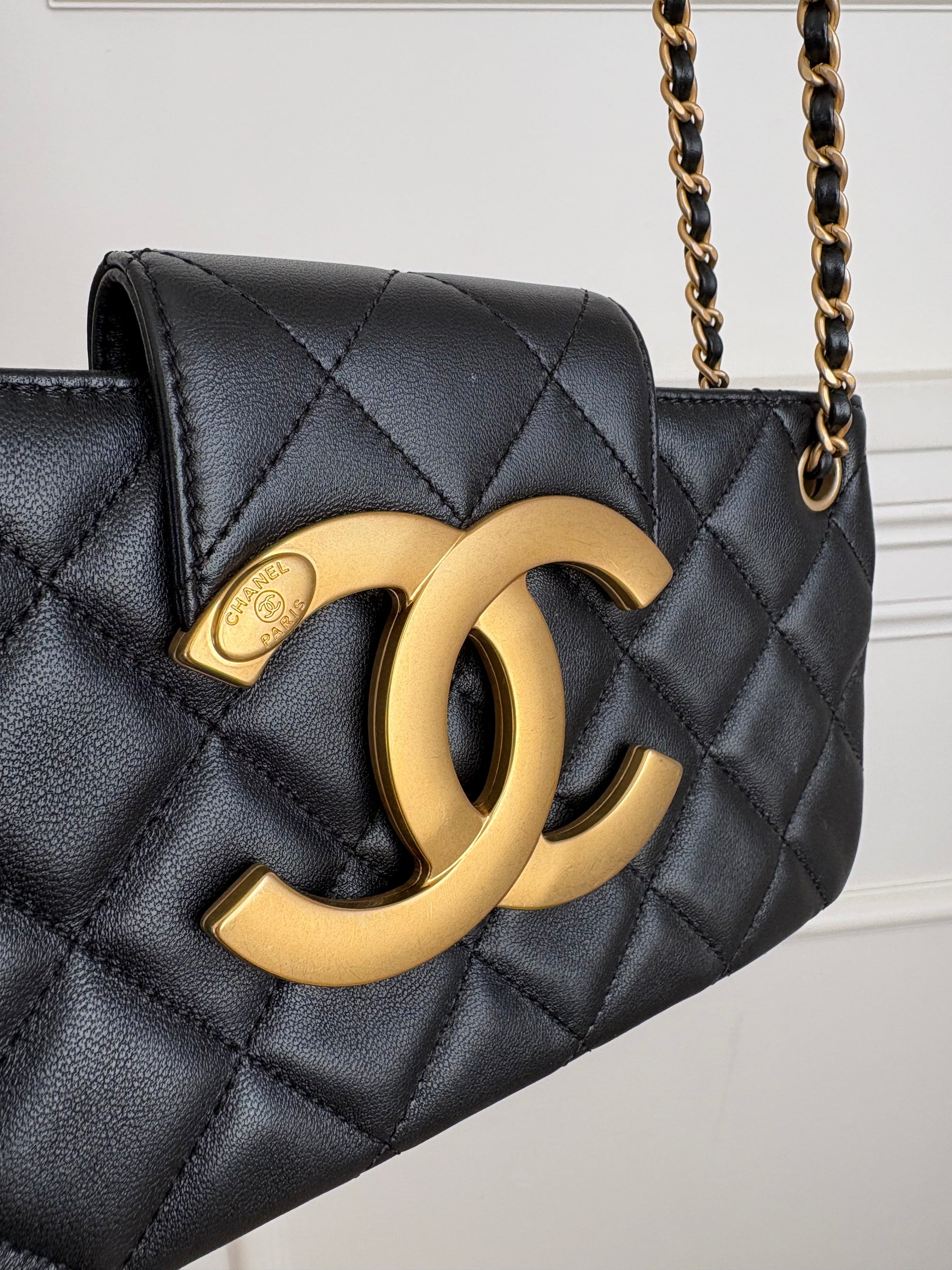 Chanel Black Leather Logo Clutch with Chain