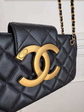 Chanel Black Leather Logo Clutch with Chain