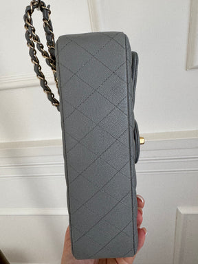 Chanel Small Grey Caviar Leather Flap Bag With Gold Tone Hardware