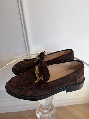 Tod's Brown Suede Loafers With Fringe, 37.5