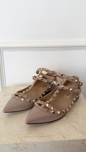 Valentino Garavani Beige Patent Leather Rockstud Cage Flats, 37
