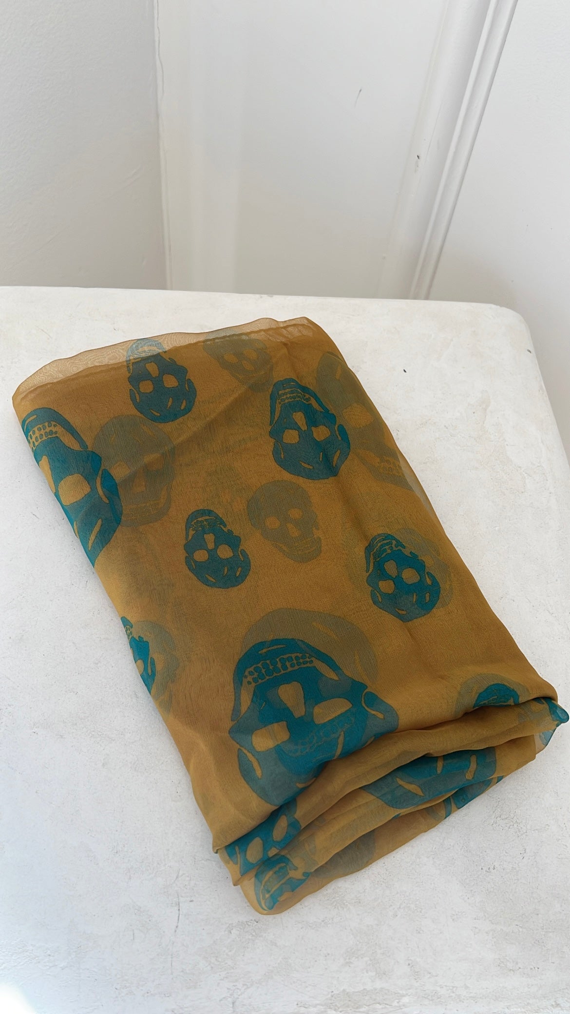 Alexander McQueen Mustard Teal Silk Scull Scarf