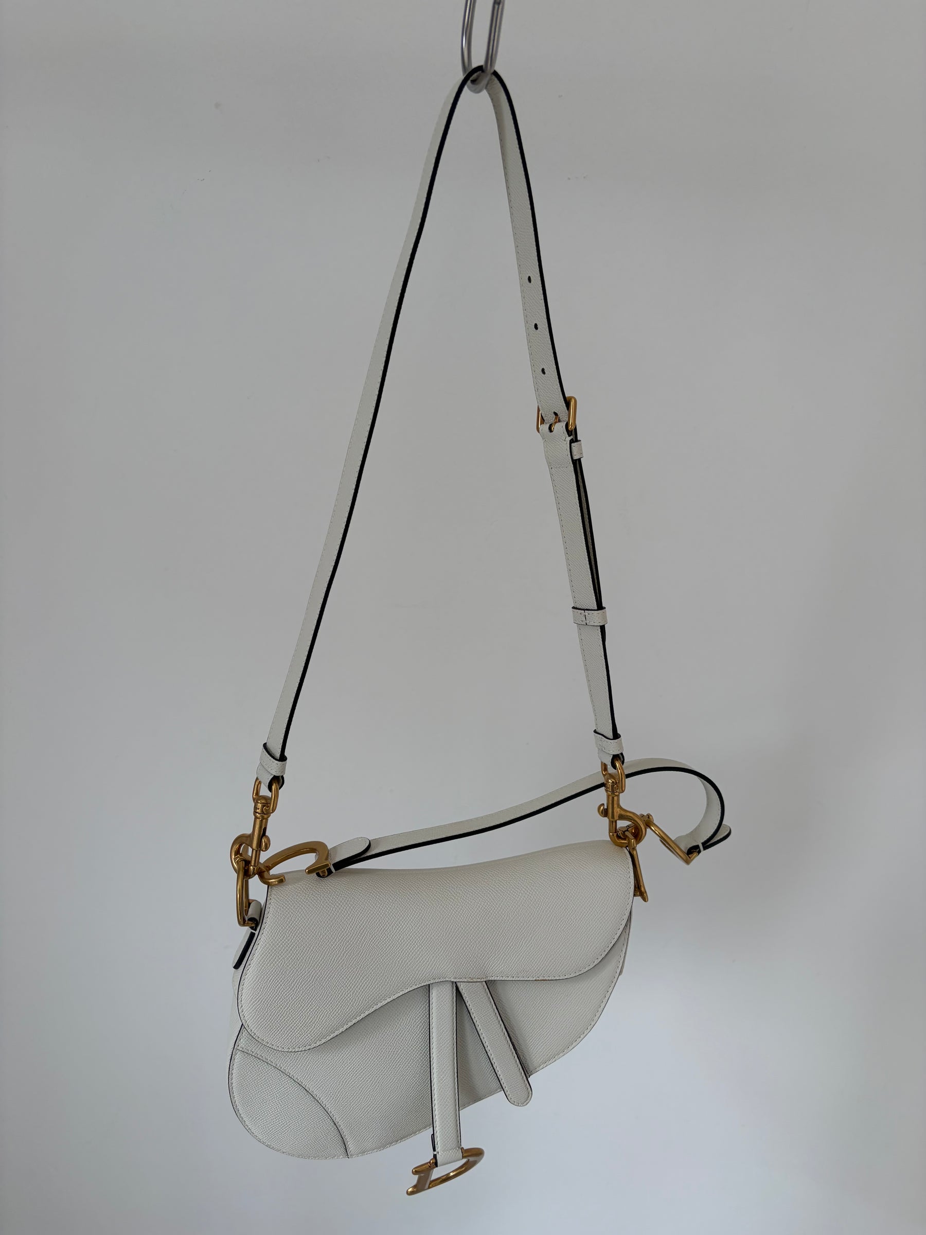 Dior White Grained Leather Saddle Bag with Strap