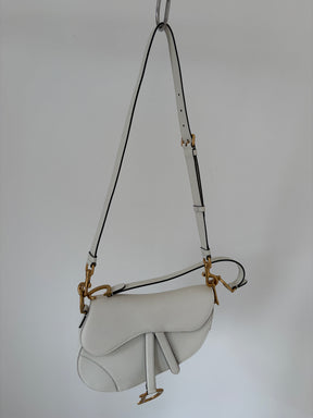Dior White Grained Leather Saddle Bag with Strap