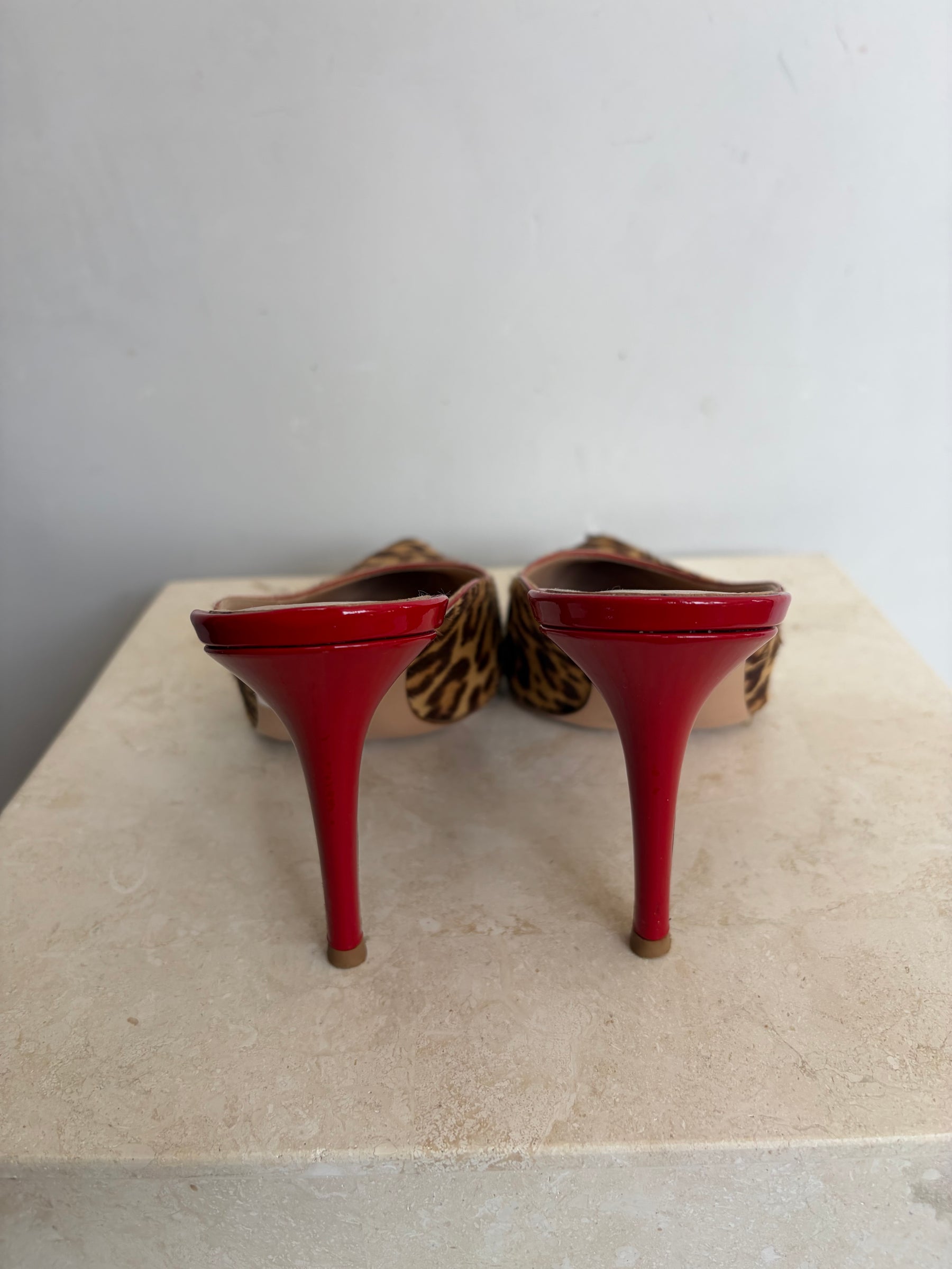 Gianvito Rossi Leopard Pony Hair and Red Patent Leather Pointed Mule, 38