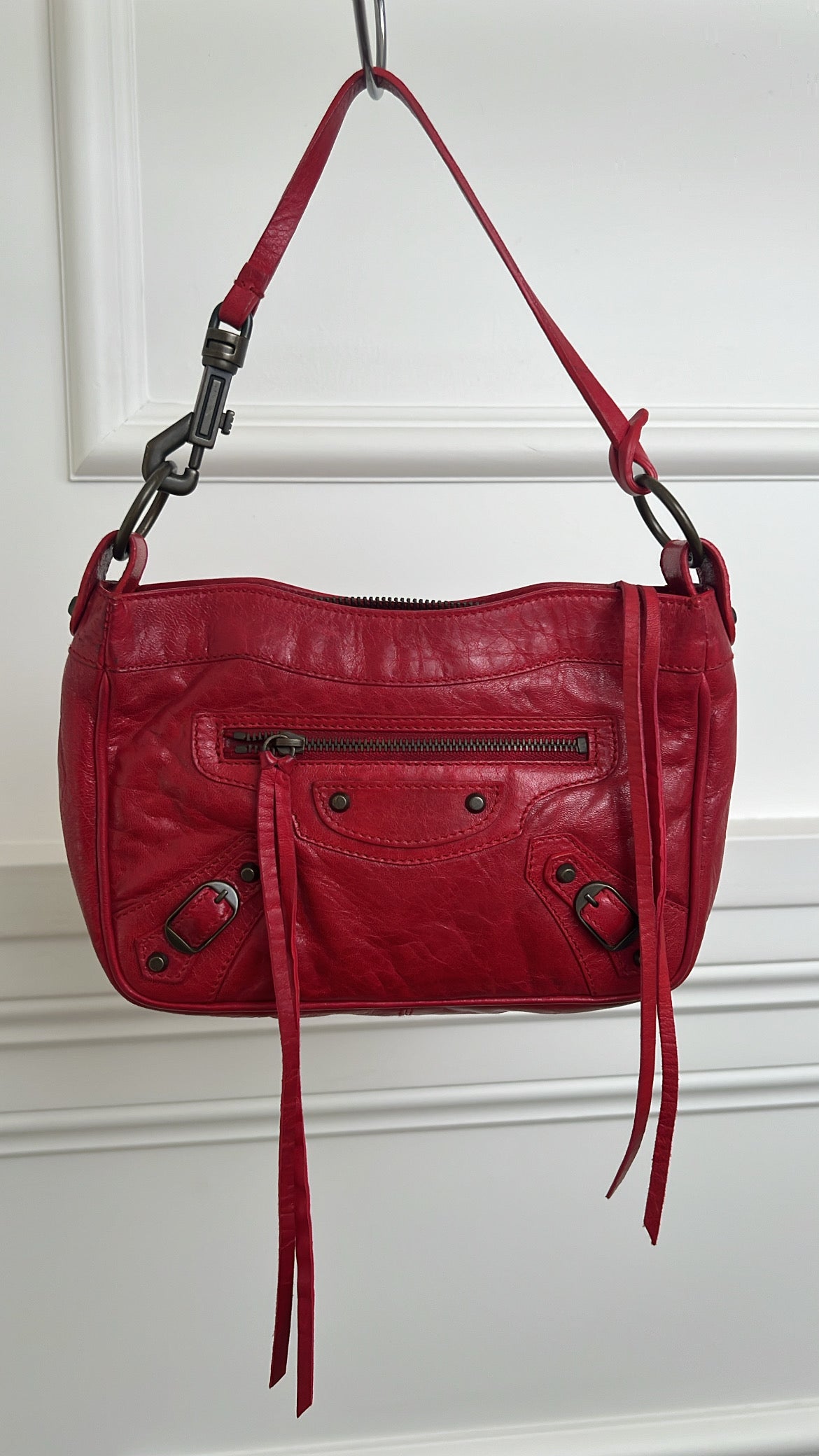 Balenciaga Hip Leather Handbag Red