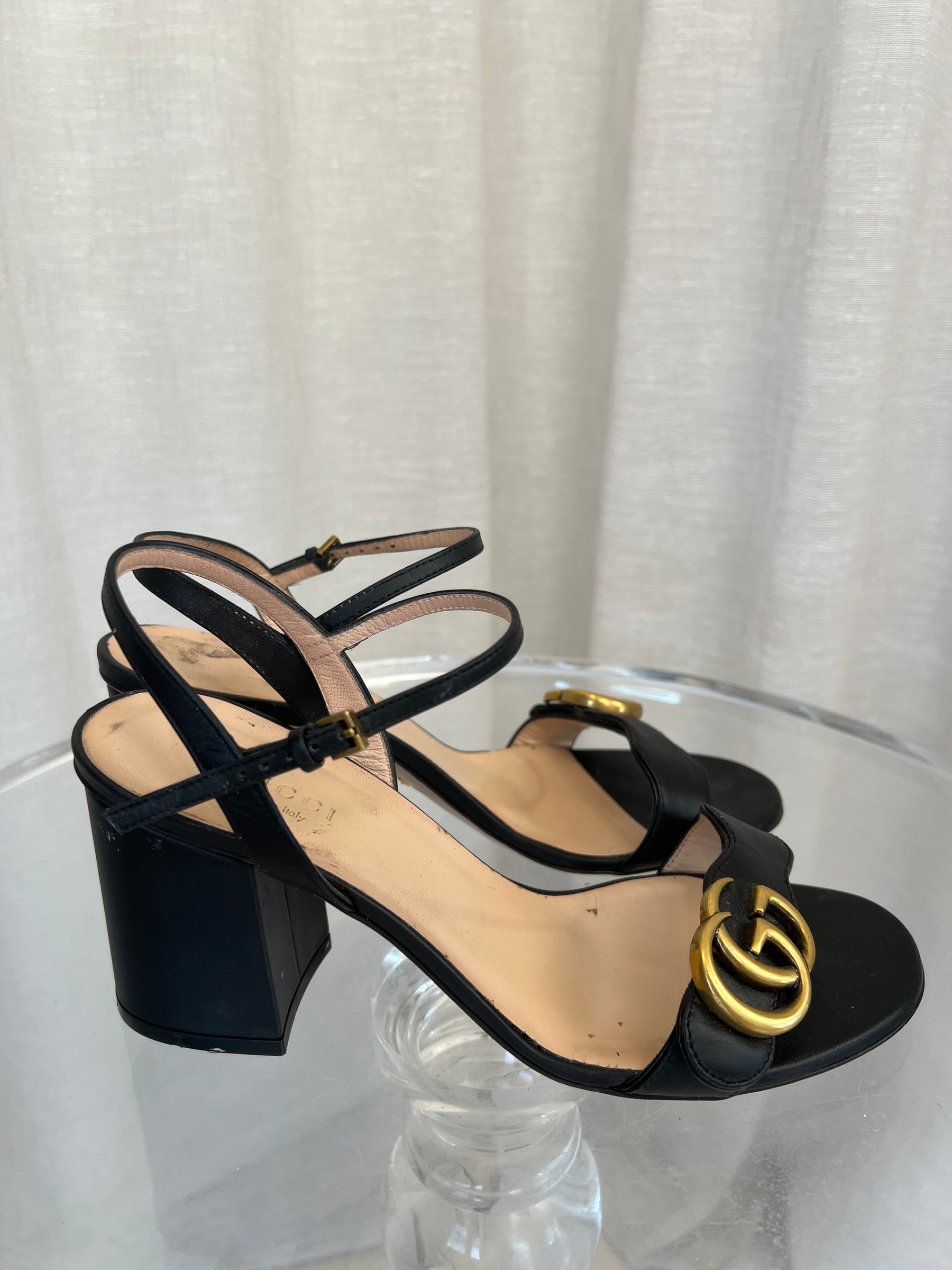 Gucci Black Leather Marmont Strappy Heels, 37
